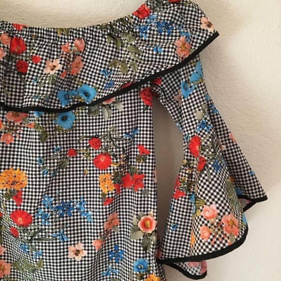 Zara Basic checkered & Liberty floral print mini dress S bell sleeves - Picture 4 of 9